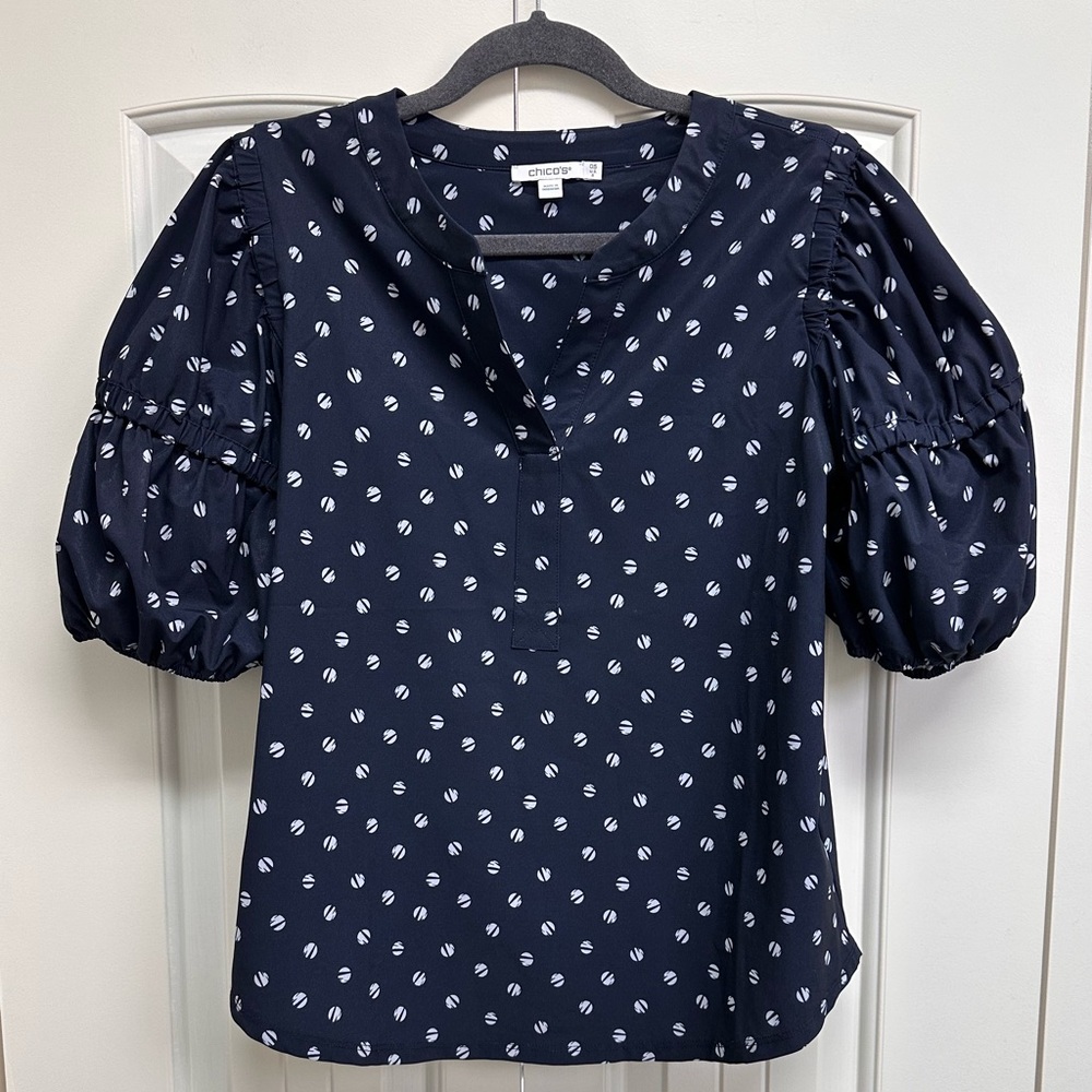 Chico's Dark Blue Patterned Puff Sleeve Blouse